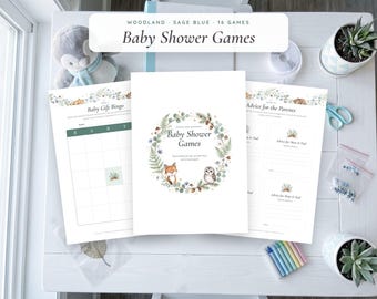 Woodland Baby Shower Games Bundle, 16 Printable Games, Fox Bear Sage Green Baby Boy Shower, Bingo, Advice Cards, Diaper Raffle, Instant PDF