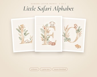 Lámina con el alfabeto de la guardería Safari, cartel con el nombre del bebé, letras de animales de la selva de la A a la Z, arte de pared en acuarela neutra, pancarta con el nombre para baby shower, imprimible
