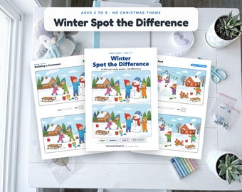 Encuentra las diferencias en invierno para niños de 4 a 9 años, rompecabezas de imágenes a color, actividad imprimible de invierno, encuentra las diferencias, diversión en un día de nieve