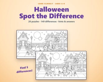 Halloween Zoek de Verschillen voor Kinderen van 4-9 Jaar, Printbaar Puzzelboek, Vind de Verschillen, Halloween Activiteitenpagina's, Klasfeestje