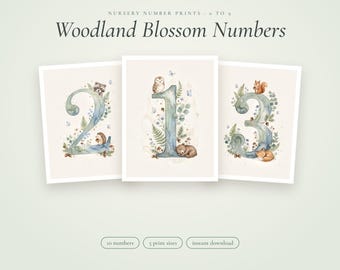 Números de guardería con temática de bosque del 0 al 9, estampado de zorro y oso en acuarela azul salvia, decoración para el primer cumpleaños de un niño, cartel de hito de edad Wild One, imprimible.