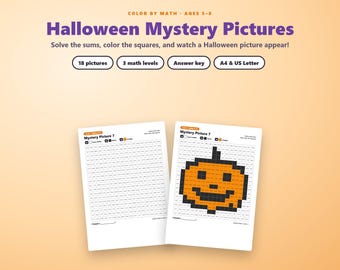 Halloween Kleuren op Nummer Rekenen, Mysterieuze Afbeeldingen, Kleuren op Code Optellen en Aftrekken Werkbladen, 1e Groep Kleuterschool Halloween Activiteit