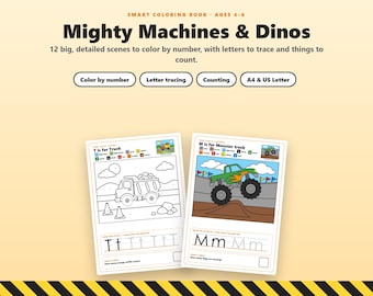 Kleuren op nummer voor kinderen van 4-6 jaar: Vrachtwagens, Dinosaurussen en Raketten. Kleurboek, letters overtrekken, tellen. Printbare activiteit voor jongens (PDF).