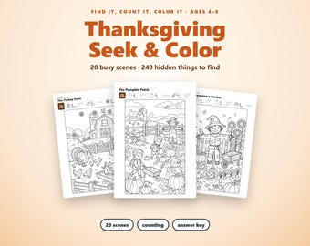 Zoek- en vindkleurboek voor Thanksgiving voor kinderen van 4-8 jaar, met verborgen afbeeldingen, een 'Ik zie, ik zie wat jij niet ziet'-activiteit en teloefeningen, 20 scènes.