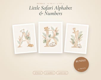Paquete de alfabeto y números para guardería con temática de safari, letrero con el nombre del bebé e impresión de la fecha de nacimiento, letras de animales de la selva de la A a la Z del 0 al 9, impresión en acuarela neutra.