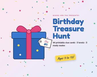 Búsqueda del tesoro de cumpleaños para niños, pistas para búsqueda del tesoro en interiores, búsqueda de regalos de cumpleaños, juego de fiesta imprimible, 3 niveles, edades de 3 a 12 años.