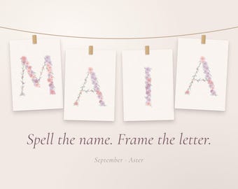 Print met de geboortebloem van september, alfabet met asters van A tot Z, muurdecoratie voor de kinderkamer, naambanner voor een babyshower, printbaar met roze en seringen.