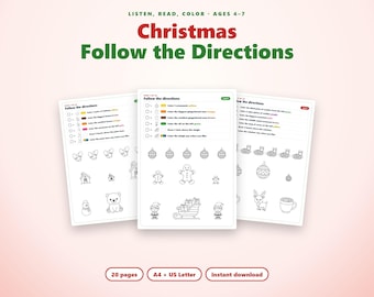 Werkbladen 'Volg de instructies' voor Kerstmis, kerstactiviteit voor kleuters, kleurplaten om luistervaardigheden te oefenen, printbaar voor kinderen van 4-7 jaar.