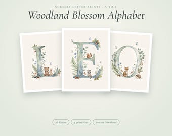 Letterprint met bosdierenmotief voor de babykamer, alfabet met vos en beer van A tot Z, muurdecoratie voor de babykamer van een babyjongen in salieblauw, naambanner voor een babyshower, printbaar