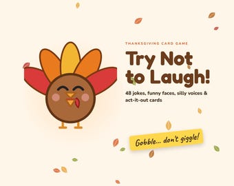 Juego de cartas de Acción de Gracias para niños: ¡Intenta no reírte! Juego familiar imprimible con chistes y caras graciosas de Acción de Gracias. Actividad para la mesa de los niños.