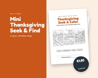 Mini muestrario de búsqueda y coloreado de Acción de Gracias, 3 páginas para colorear con imágenes ocultas, juego de "Veo, veo" de Acción de Gracias para niños, actividad de mesa para niños, imprimible