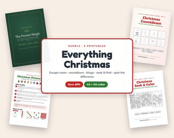 Paquete de imprimibles navideños para niños: Escape Room, Cuenta atrás de Adviento, Bingo, Busca y encuentra, Encuentra las diferencias, Paquete de actividades navideñas