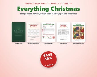 Printbaar kerstpakket voor kinderen: Escape Room, Advent Countdown, Bingo, Zoek en vind, Zoek de verschillen, Kerstactiviteitenpakket