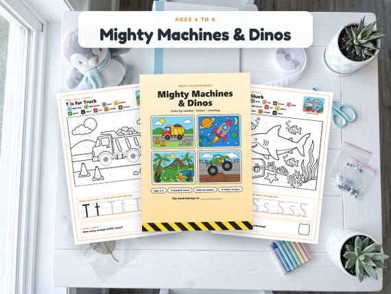 Trucks, Dinosaurs & Rockets Color by Number
