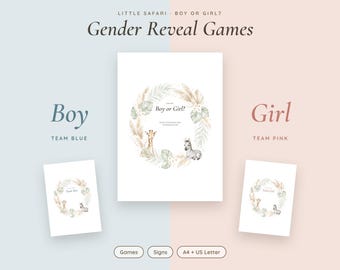 Juegos y letreros de revelación de género con temática de safari, tarjetas de votación rosa o azul del equipo de animales de la jungla, cuentos populares, letrero "Es niño" o "Es niña", imprimible