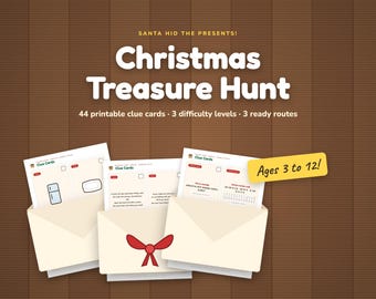 Búsqueda del tesoro navideña para niños, pistas para la búsqueda de Papá Noel, búsqueda de regalos en la mañana de Navidad, tarjetas de pistas imprimibles para interiores, 3 niveles.