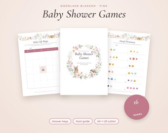 Woodland Baby Shower Games Bundle, 16 Printable Games, Pink Floral Bunny Baby Girl Shower, Bingo, Advice Cards, Diaper Raffle, Instant PDF