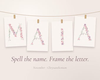 Print met de geboortebloem van november, chrysantenalfabet A-Z, muurdecoratie voor de kinderkamer, naambanner voor een babyshower, printbaar in oudroze