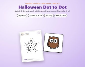 Halloween-puntjes verbinden voor kinderen van 3-5 jaar, kleurplaten met puntjes verbinden, tellen van 1-20, Halloween-activiteit voor kleuters, niet eng, PDF