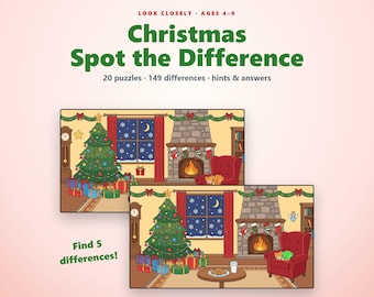Kerst Zoek de Verschillen voor Kinderen van 4-9 Jaar, Kleurpuzzels, Printbare Kerstactiviteit, Vind de Verschillen, Klasfeestje