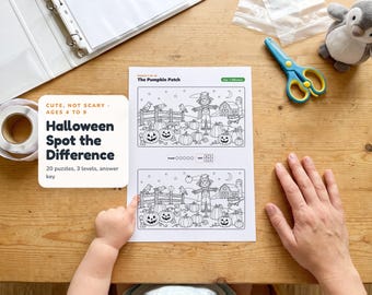 Encuentra las diferencias de Halloween para niños de 4 a 9 años, libro de rompecabezas imprimible, encuentra las diferencias, páginas de actividades de Halloween, fiesta de clase