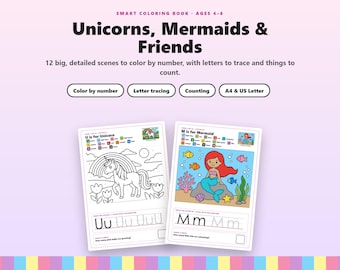Eenhoorn Zeemeermin Prinses Kleuren op Nummer voor Kinderen van 4-6 Jaar, Kleurboek voor Meisjes, Letters Overtrekken, Tellen, Printbare Activiteit PDF