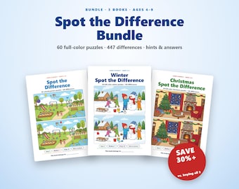 Zoek de verschillen-bundel voor kinderen van 4-9 jaar, 60 kleurpuzzels met afbeeldingen, winter-, kerst- en alledaagse thema's.