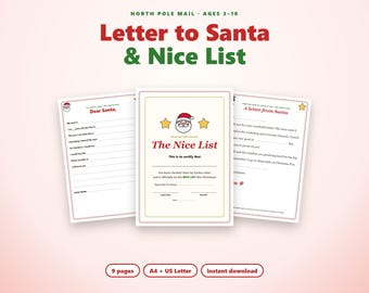 Printbare brief aan de Kerstman, Certificaat voor de lijst met brave kinderen, Kerstwensenlijst, Brief van de Kerstman, Etiketten voor rendiervoer, Kerstavondbox voor kinderen