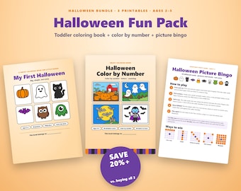 Halloween printbaar pakket voor kinderen, kleurboek voor peuters, kleuren op nummer, plaatjesbingo, leeftijd 2-5 jaar, niet-enge Halloween activiteit