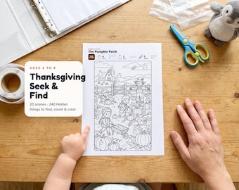 Libro de buscar y colorear de Acción de Gracias para niños, imágenes ocultas, juego de "Veo, veo" de Acción de Gracias, actividad de conteo, páginas para colorear de mesa para niños, imprimible