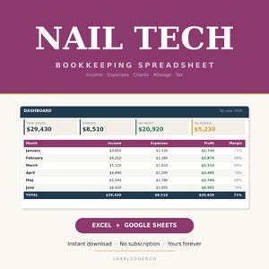 Nail Tech Bookkeeping Spreadsheet, Excel & Google Sheets Income Expense Tracker, Small Business Tax Template, Digital Download