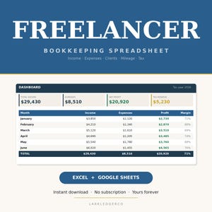 Könnte beinhalten: Eine digitale Buchhaltungstabelle für Freiberufler mit einem Dashboard für Finanzdaten des Steuerjahres 2026. Das Layout enthält Spalten für Einnahmen, Ausgaben, Gewinn und Marge sowie Textbeschriftungen für die Kompatibilität mit Excel und Google Sheets.