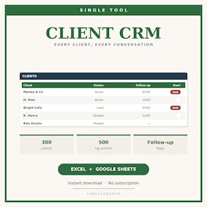 Client CRM Spreadsheet, Excel & Google Sheets Customer Tracker, Small Business Contact Log Template, Digital Download