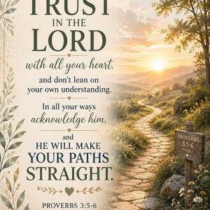 Op de afbeelding: Een verticale wandkunstprint met een stenen pad dat bij zonsopgang door een grasachtig landschap slingert. De tekst luidt: TRUST IN THE LORD with all your heart, and don't lean on your own understanding. In all your ways acknowledge him, and HE WILL MAKE YOUR PATHS STRAIGHT. PROVERBS 3:5-6 WEBU.
