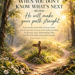 Op de afbeelding: Een bospad met een houten wegwijzer bij een splitsing. De tekst luidt: WHEN YOU DON'T KNOW WHAT'S NEXT, He will make your path straight. Trust in the Lord with all your heart and do not rely on your own understanding.