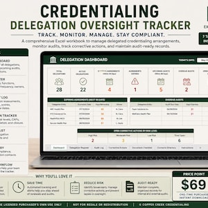 Op de afbeelding: Een digitale productweergave voor een Excel-werkmap voor het bijhouden van delegatie-accreditaties. Het scherm toont een dashboard met statistieken, tabellen en tabbladen. De lay-out bevat functies en merkinformatie.
