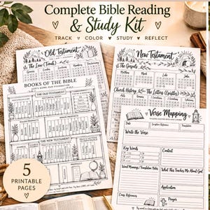 May include: A complete Bible reading and study kit featuring printable pages with black and white line art. The set includes book trackers, verse mapping templates, and reading logs with text such as Old Testament, New Testament, and Verse Mapping.