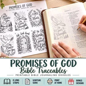 May include: A printable sheet titled Promises of God 40 Traceable Bible Journaling Doodles featuring black and white line art illustrations of an eagle, a door, and floral wreaths with text like He Goes Before You, The Lord Is Near, and My Peace I Give You.