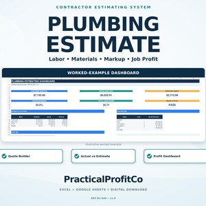 May include: A digital plumbing estimating system dashboard featuring sections for labour, materials, markup, and job profit. The interface displays a worked-example dashboard with tables for customer subtotal, break-even cost, expected profit, and job pipeline.
