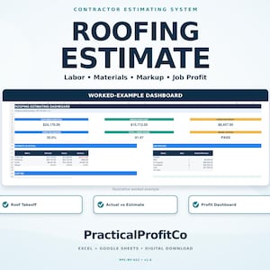 May include: A digital contractor estimating system for roofing projects. The dashboard displays financial data including customer subtotal, break-even cost, expected profit, labor hours, and job pipeline status. Text includes Roofing Estimate and PracticalProfitCo.