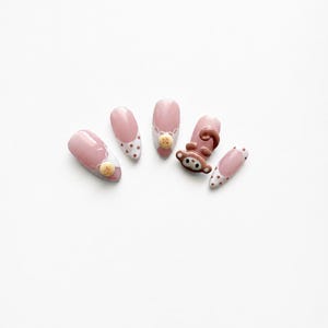 Unghie finte 3D a pois con scimmietta e banana fatte a mano / Simpatiche unghie 3D con scimmietta / Divertente nail art con animali fatta a mano