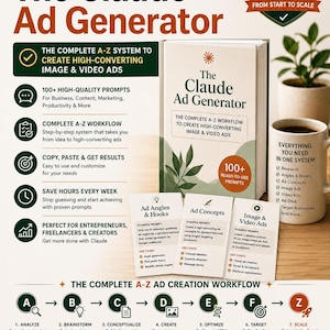 May include: A digital product guide titled The Claude Ad Generator, featuring a book, three informational cards, and text detailing a complete A-Z workflow for creating high-converting image and video ads, including prompts and step-by-step systems.