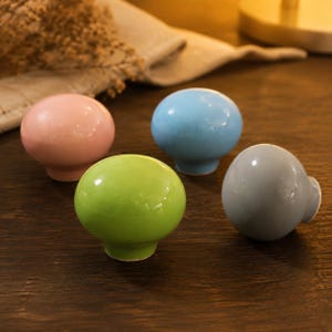 Puede incluir: Un juego de cuatro pomos redondos para armarios con un acabado liso y brillante. Los pomos son de color rosa pastel, azul claro, verde lima brillante y gris suave. Cada pomo presenta una parte superior redondeada y una base cilíndrica.