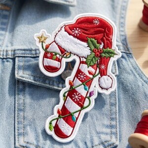 Custom Embroidered Patch, Christmas Candy Cane Letter J Iron On Sew On Hook and Loop Patch, Santa Hat Initial Applique, Holiday Gift