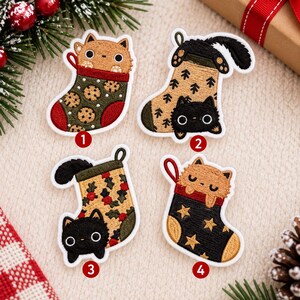 Custom Embroidered Cat Stocking Patch, Christmas Iron On Sew On Hook and Loop Patch, Cute Holiday Cat Lover Gift Badge