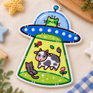Custom Embroidered Patch, Funny UFO Cow Abduction, Iron On Sew On Hook and Loop Alien Cat Patch, Cute Space Gift for Sci Fi Fans
