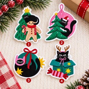 Custom Embroidered Black Cat Patch, Christmas Iron On Sew On Hook and Loop Patch, Cute Holiday Cat Lover Gift, Festive Badge