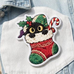 Custom Black Cat Christmas Embroidered Patch, Iron On, Sew On, Hook and Loop, Holiday Stocking Cat Patch, Cute Cat Lover Gift