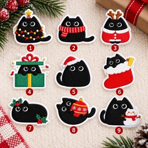 Custom Embroidered Christmas Cat Patch, Black Cat Iron On Sew On Hook and Loop Patch, Funny Holiday Cat Lover Gift Badge