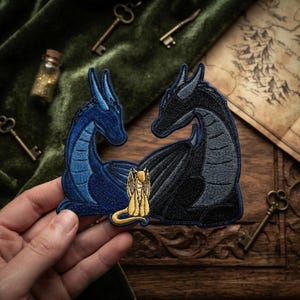 Custom Dragon Embroidered Patch, Fantasy Twin Dragon Iron On Sew On Hook and Loop Patch, Mythical Creature Gift for Dragon Lover